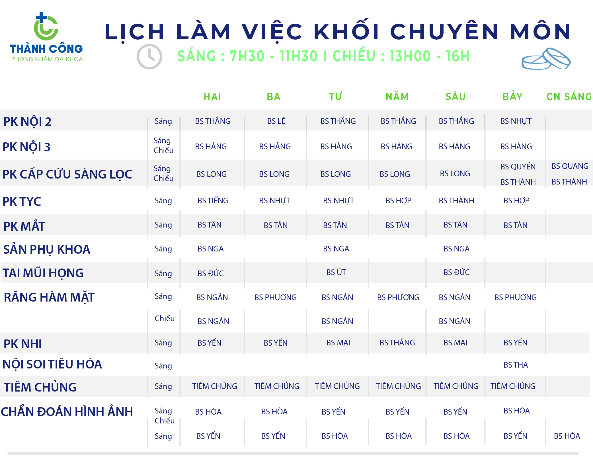 LỊCH HOẠT ĐỘNG CÁC KHOA TẠI PHÒNG KHÁM ĐA KHOA THÀNH CÔNG TỪ NGÀY 01/11/2021 ĐẾN 07/11/2021