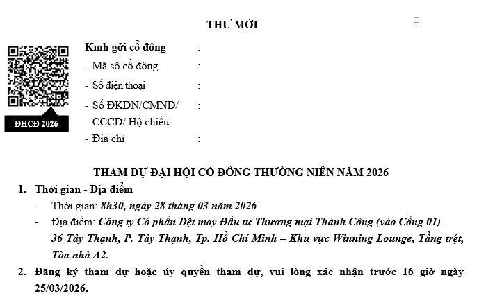 Thông báo mời họp Đại hội cổ đông thường niên 2026